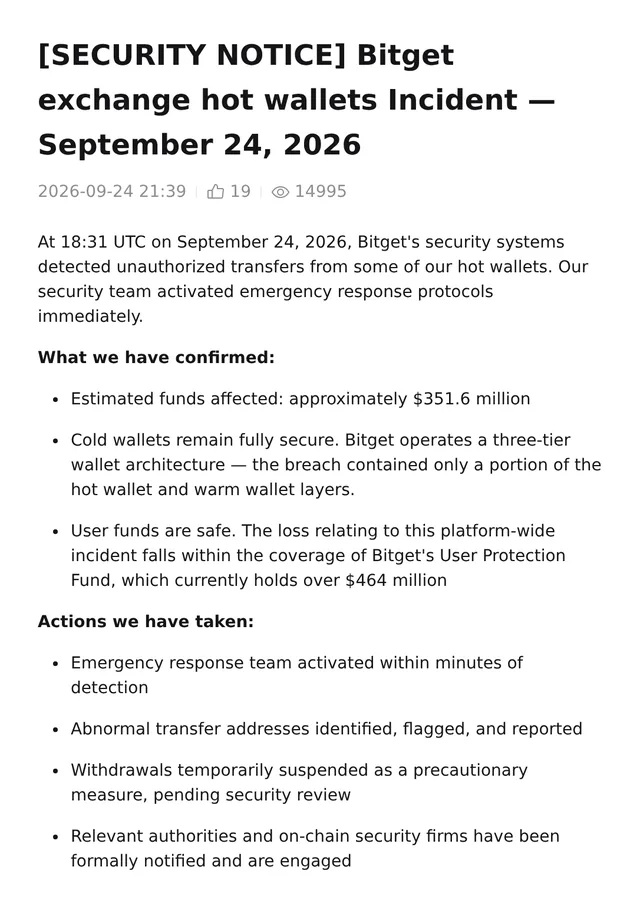Bitget's official security notice: $351.6M affected, cold wallets secure, withdrawals suspended pending security review