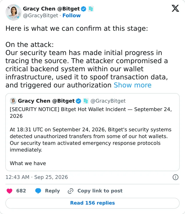 Gracy Chen's X post confirming a compromised wallet backend was used to spoof transaction data