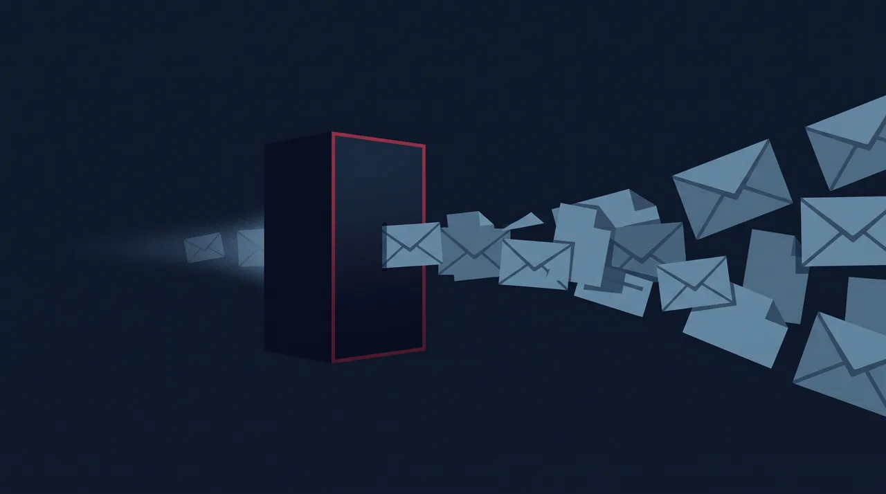 A safe with a red-trimmed door releasing a stream of envelopes that scatters into a growing swarm
