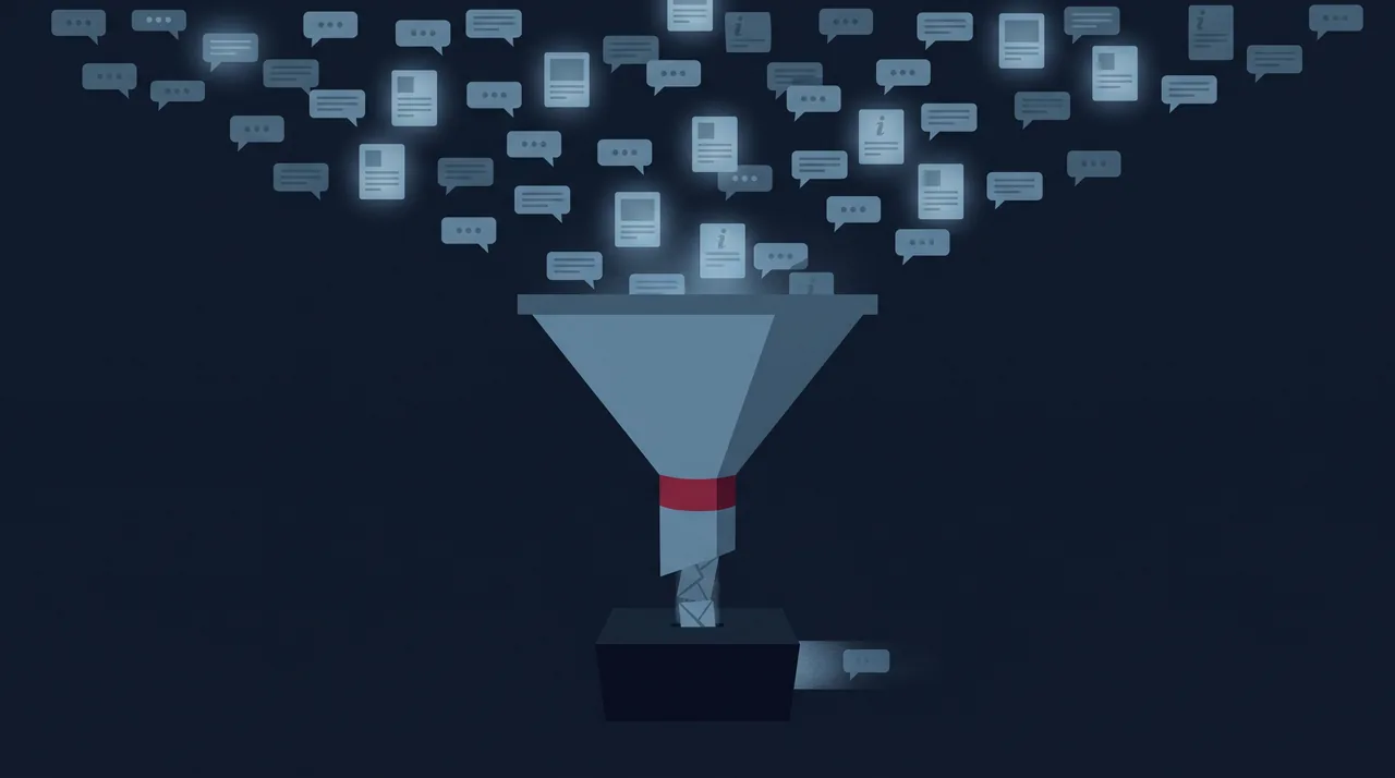 A funnel collecting dozens of chat and ad icons from above and narrowing them into a single message