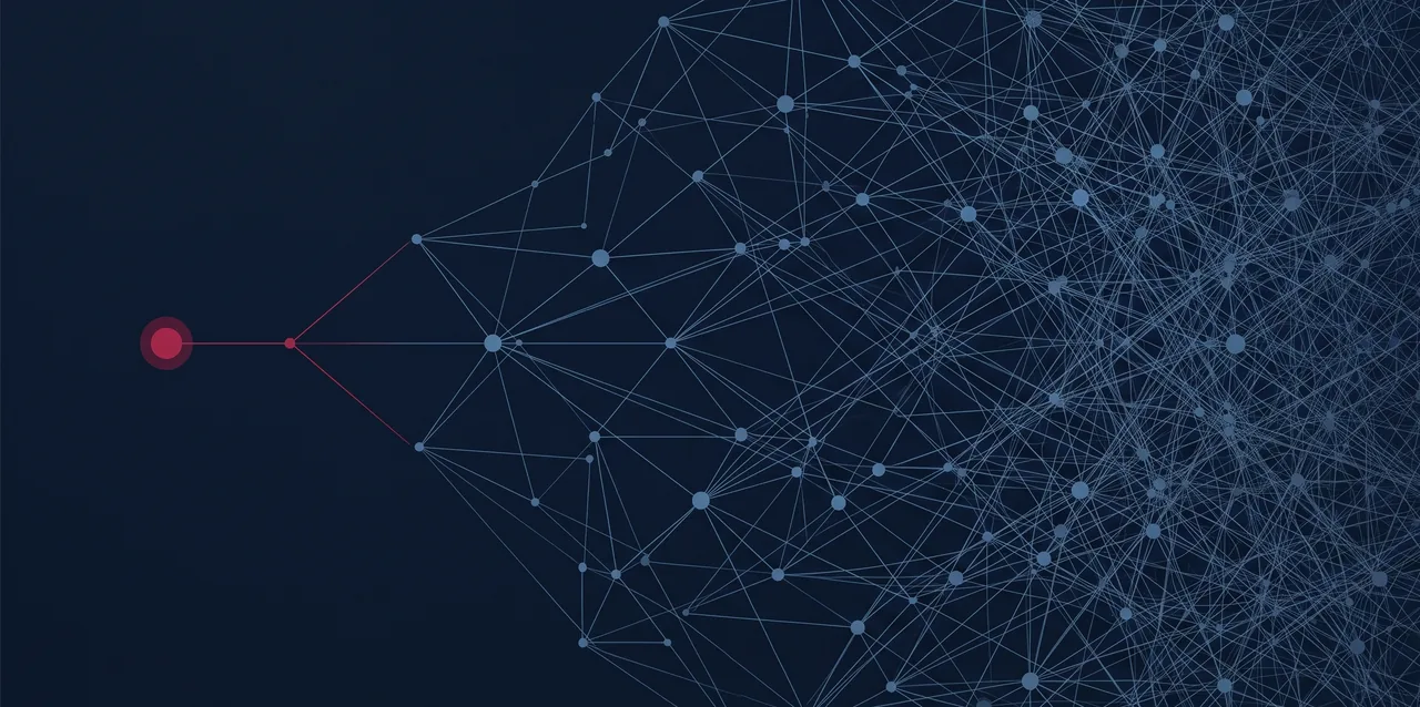 A single red node branching into an expanding, densely interconnected blue network