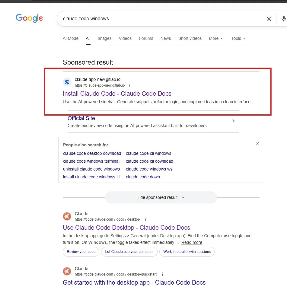 Google search results showing a malicious sponsored result impersonating an AI coding tool above the legitimate result