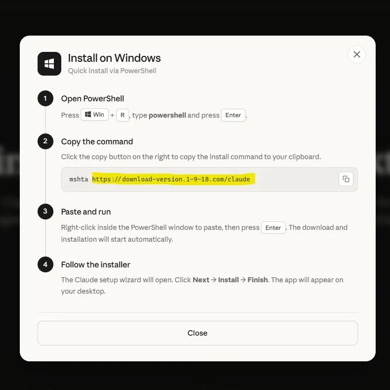 Fake software install page presenting a copy-and-run PowerShell command as an installation step