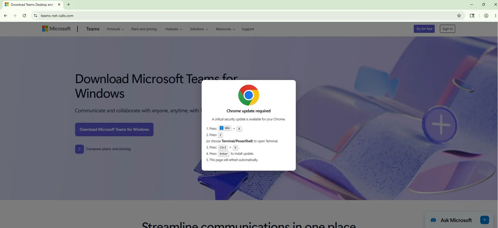 Fake Microsoft Teams download page with a fake Chrome update popup giving terminal instructions