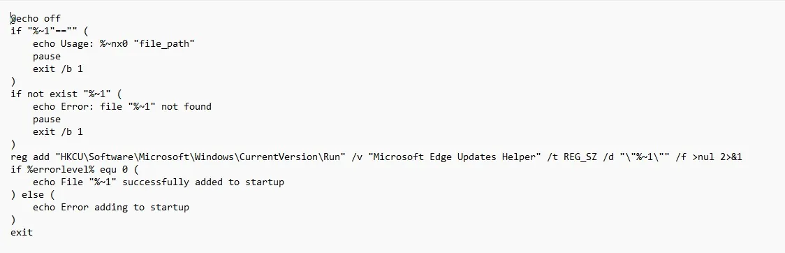 Script that writes a registry Run key for persistence under a legitimate-sounding name