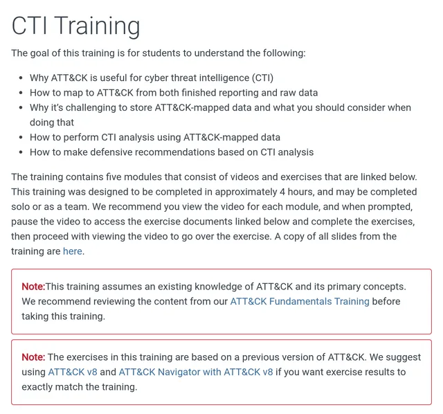 MITRE ATT&CK CTI Training page listing its goals, five modules of videos and exercises, and about four hours of work