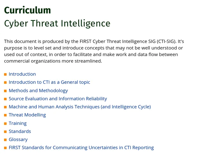 FIRST CTI SIG curriculum page listing topics from source evaluation to communicating uncertainty