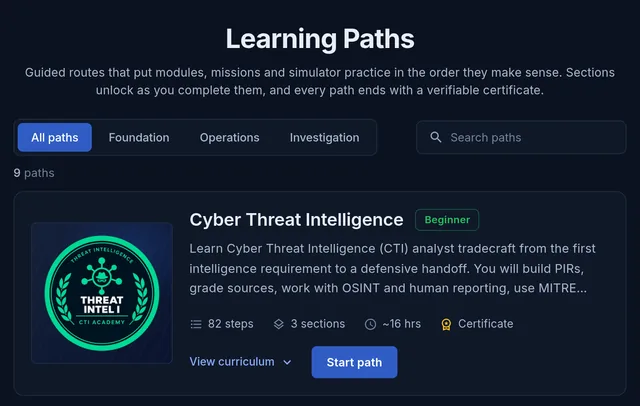 CTI Academy learning paths catalog showing the Cyber Threat Intelligence path: Beginner, 82 steps, 3 sections, about 16 hours