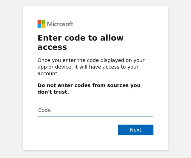 Microsoft device login page prompting for a code, with a warning not to enter codes from untrusted sources