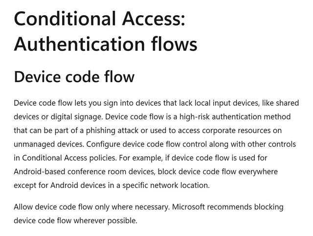 Microsoft Learn page on the Conditional Access authentication flows condition for blocking device code flow