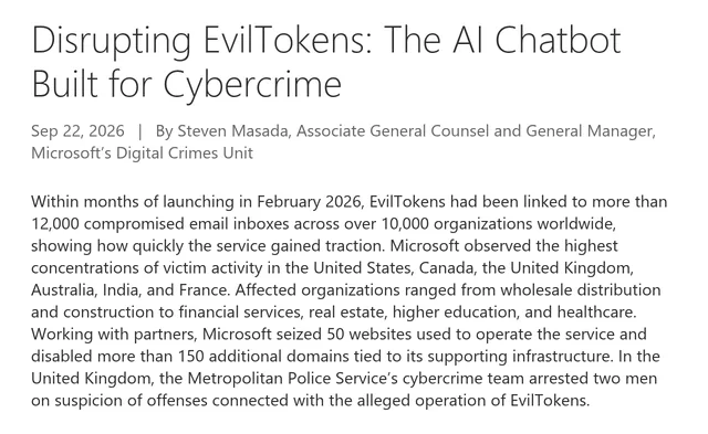 Microsoft Digital Crimes Unit blog announcing the EvilTokens disruption, arrests and seized domains