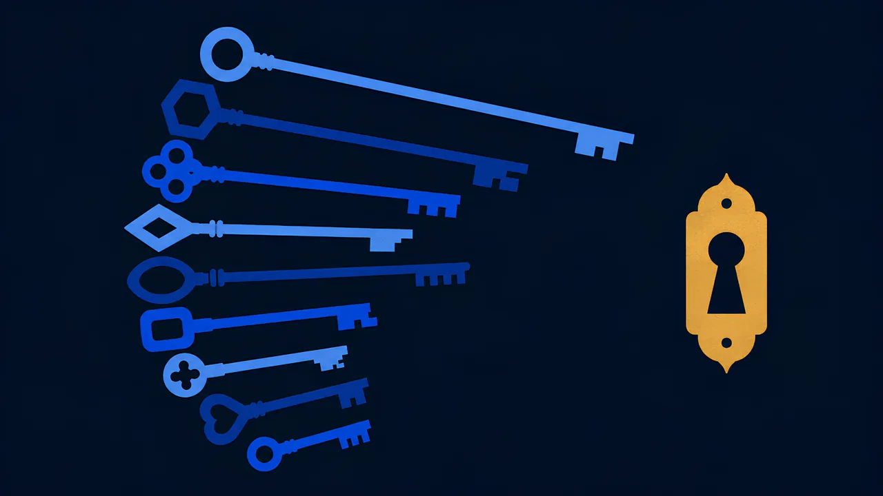 Nine differently shaped keys fanned toward one gold keyhole, showing varied job titles leading to the same CTI work