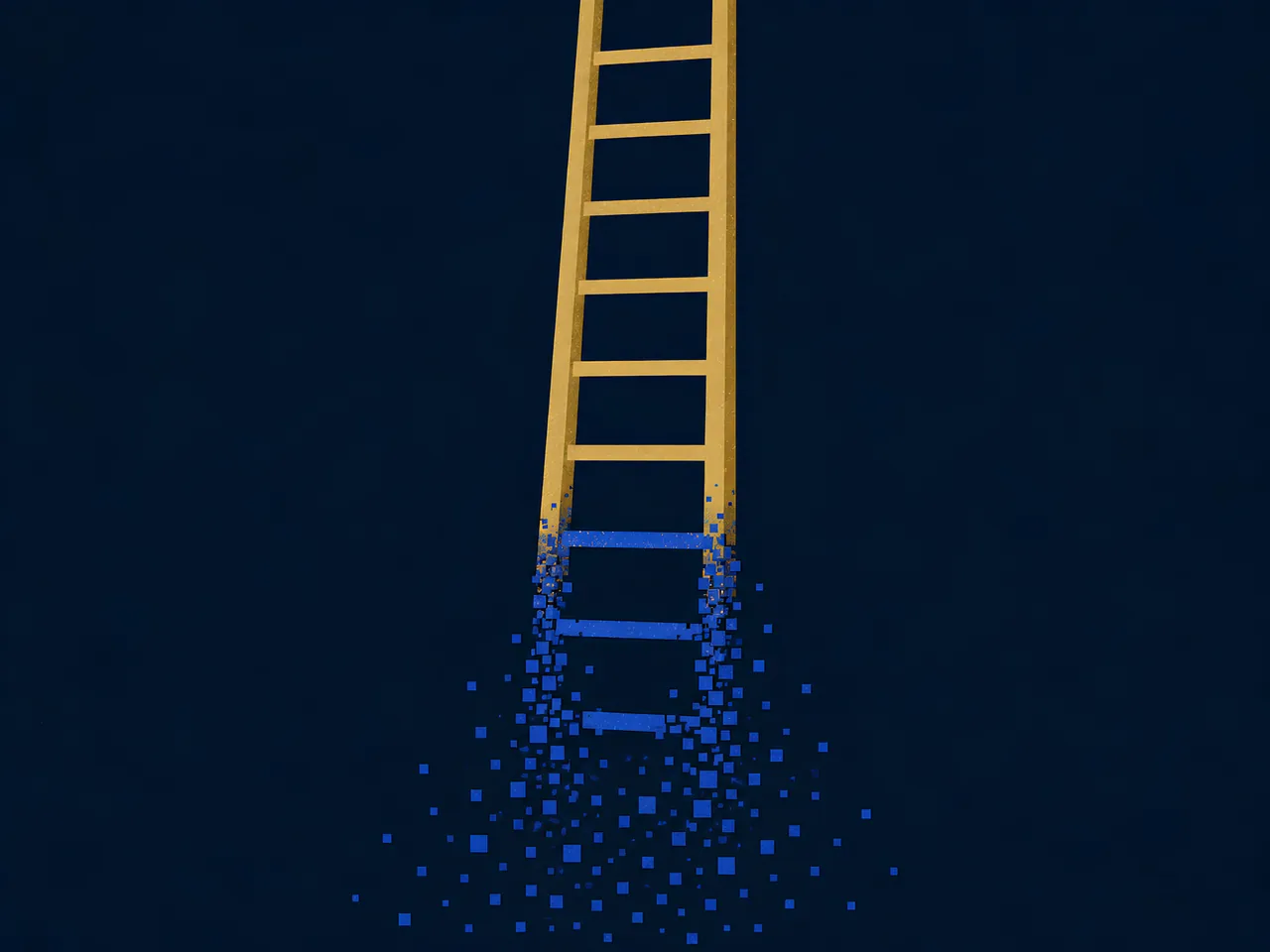 Ladder with dissolving lower rungs and solid gold upper rungs, showing AI absorbing routine junior analyst tasks