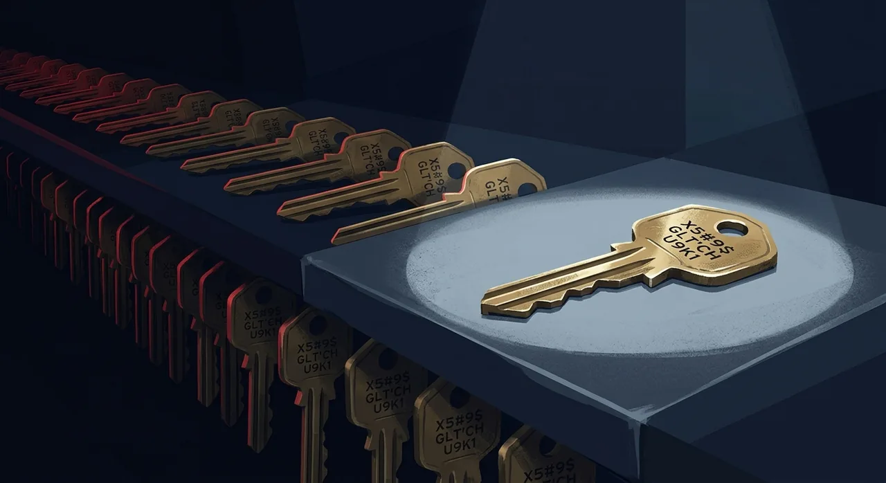 A single door key lit and untouched, with identical copies of it repeating away into darkness behind it