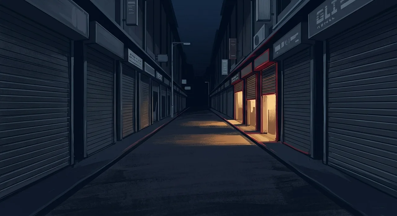 A street of identical shuttered shopfronts at dusk with a few further down already reopened and lit from within