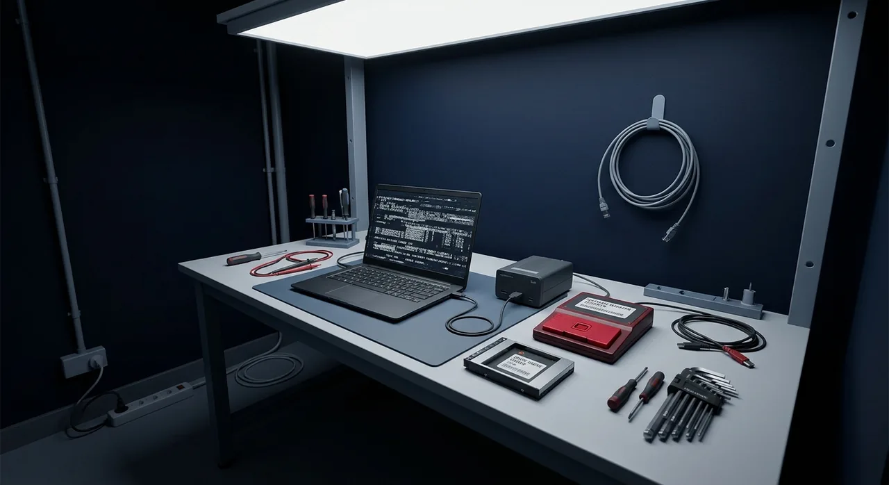 An isolated malware analysis bench with a laptop wired to a separate capture machine and a hardware write blocker