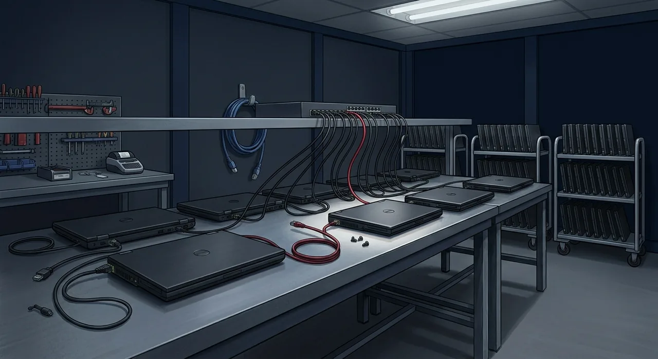 Rows of identical closed laptops on a deployment bench, each cabled to a shelf switch, with trolleys of more devices behind