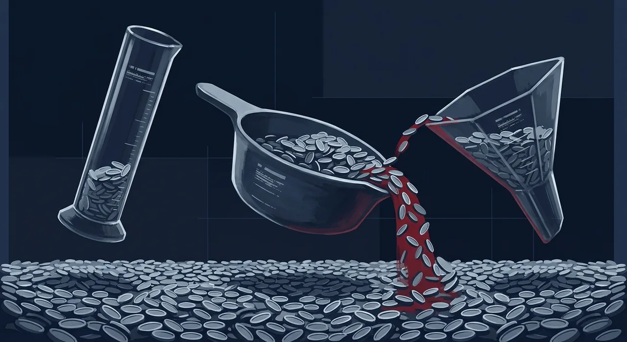 Three differently shaped measuring vessels lifted from one shared pool of identical tokens, each filled to a different level