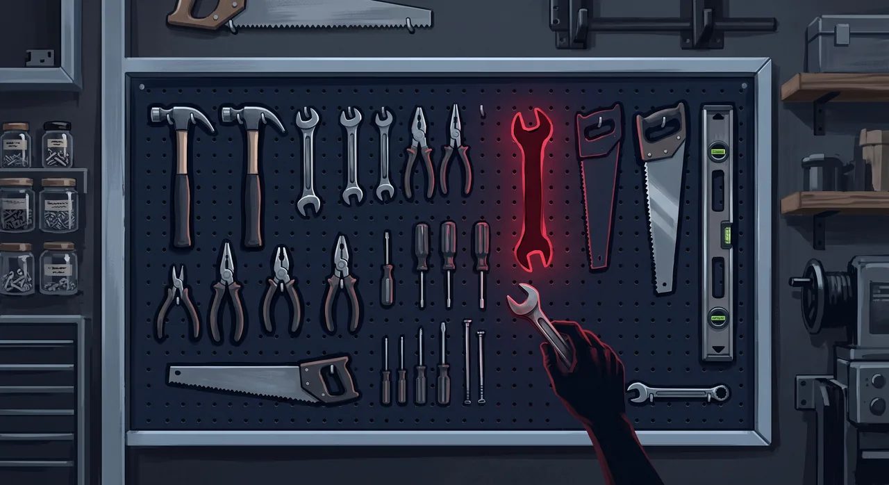 A workshop pegboard of outlined hand tools with one tool missing from its painted outline