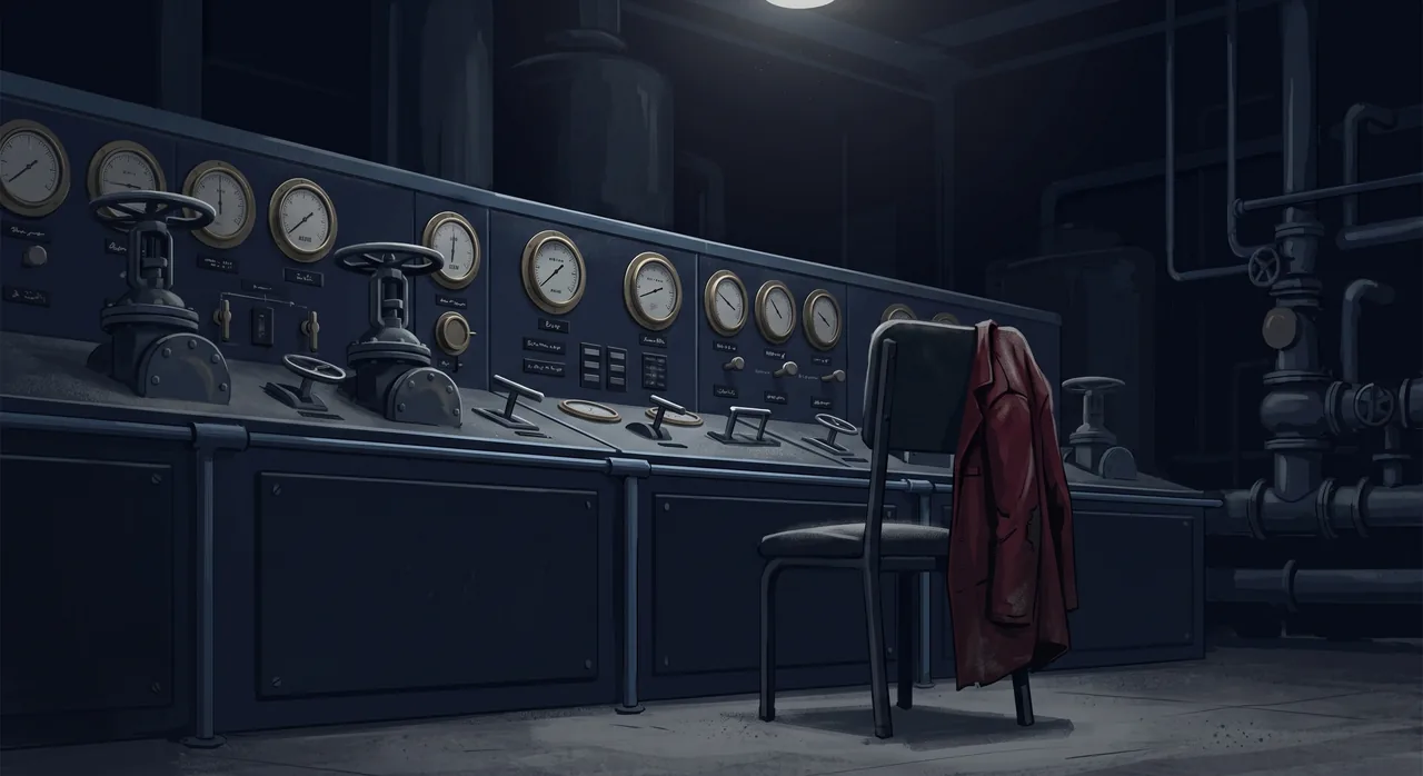 An industrial control room at rest with one chair pulled close to untouched valves and a coat left on it