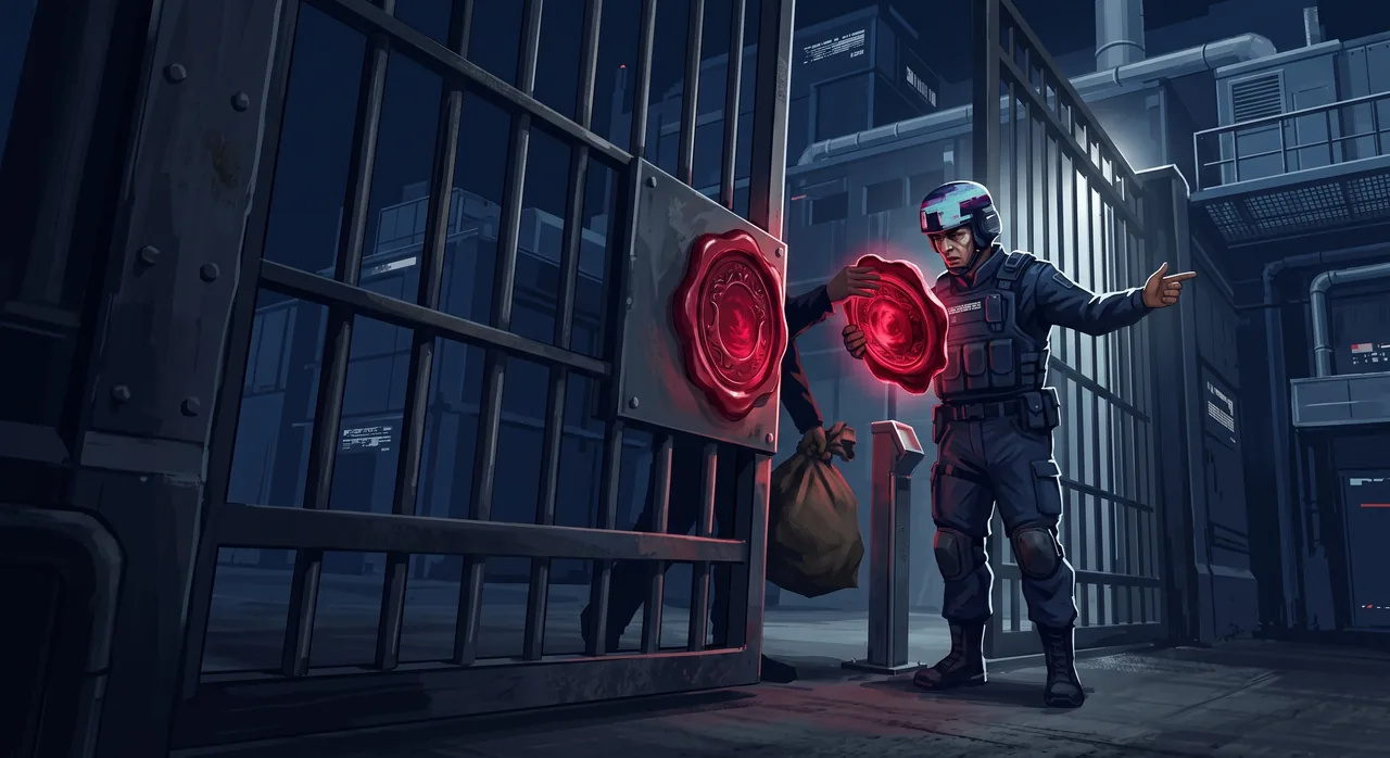 A gate guard inspecting a glowing wax seal and waving the bearer through without inspecting the cargo