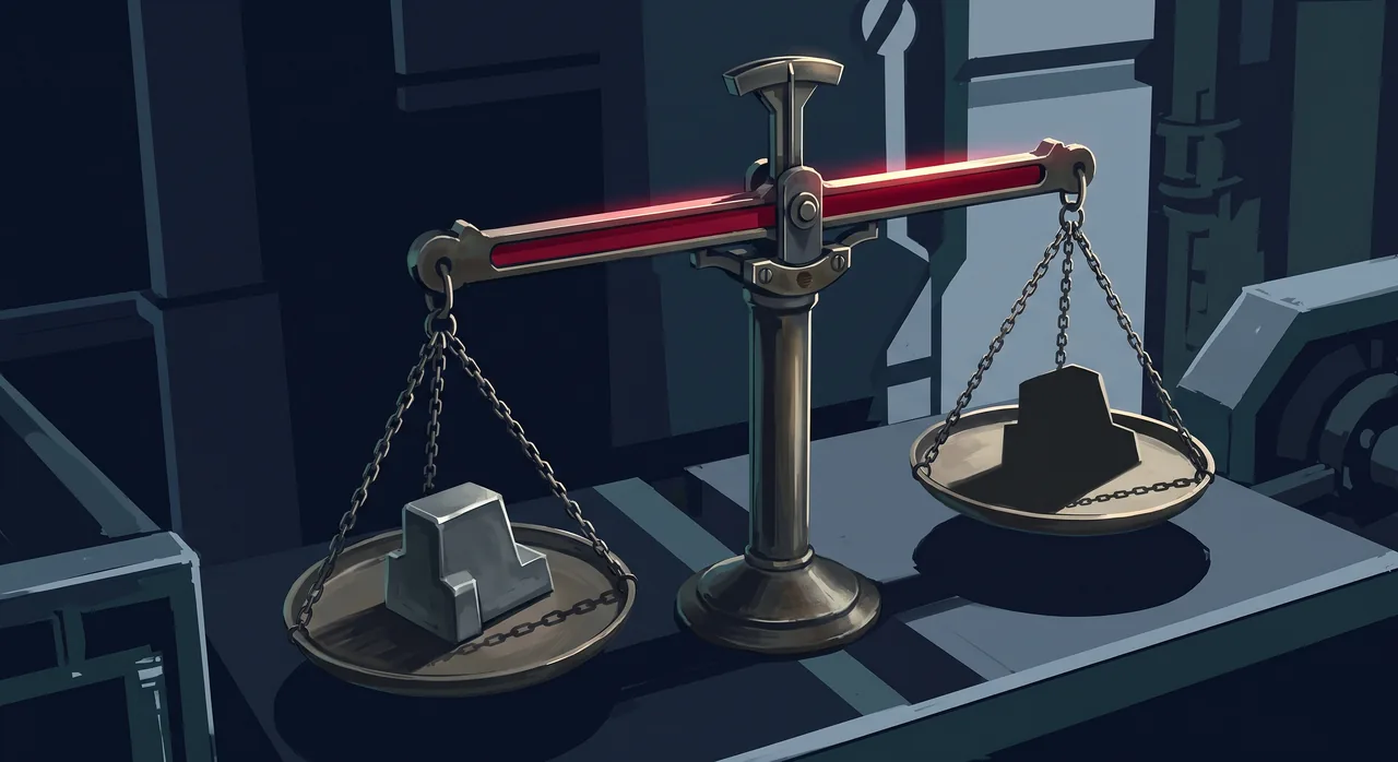A balance scale weighing a solid object against the cast shadow of the same object with the beam level