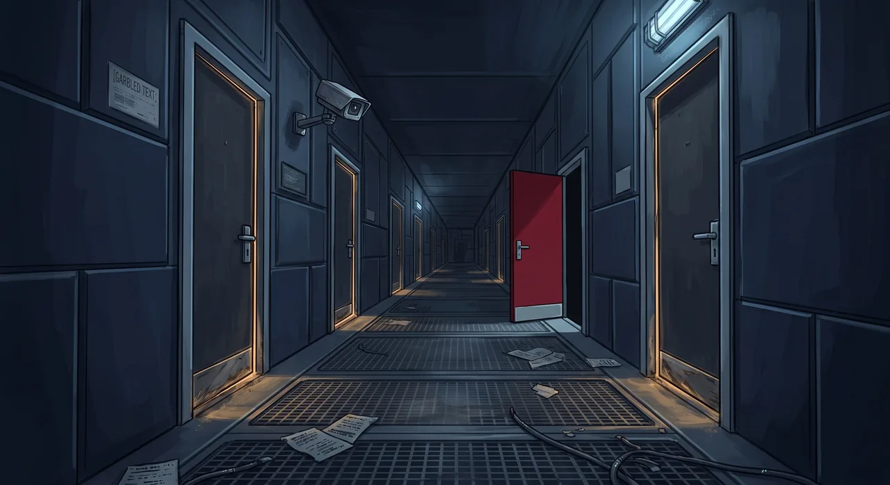 A corridor of identical doors where worn thresholds are lit on a few of them and one unused door stands open