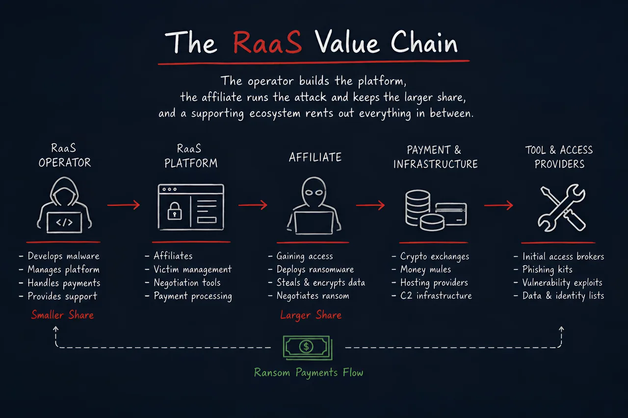 The ransomware-as-a-service value chain: the RaaS operator builds the platform, the affiliate runs the attack and keeps the larger revenue share, and payment/infrastructure and tool/access providers support both sides