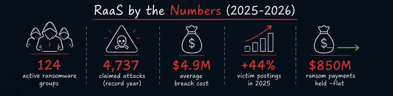 Key ransomware-as-a-service statistics for 2025-2026: 124 active groups, 4,737 claimed attacks, $4.9M average breach cost, victim postings up 44%, and ransom payments held roughly flat at $850M