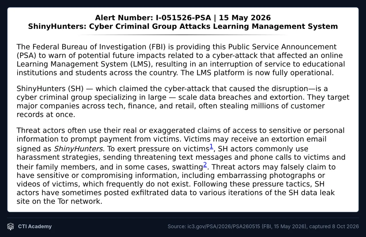 FBI IC3 public service announcement PSA260515 of 15 May 2026 on ShinyHunters, harassment and swatting