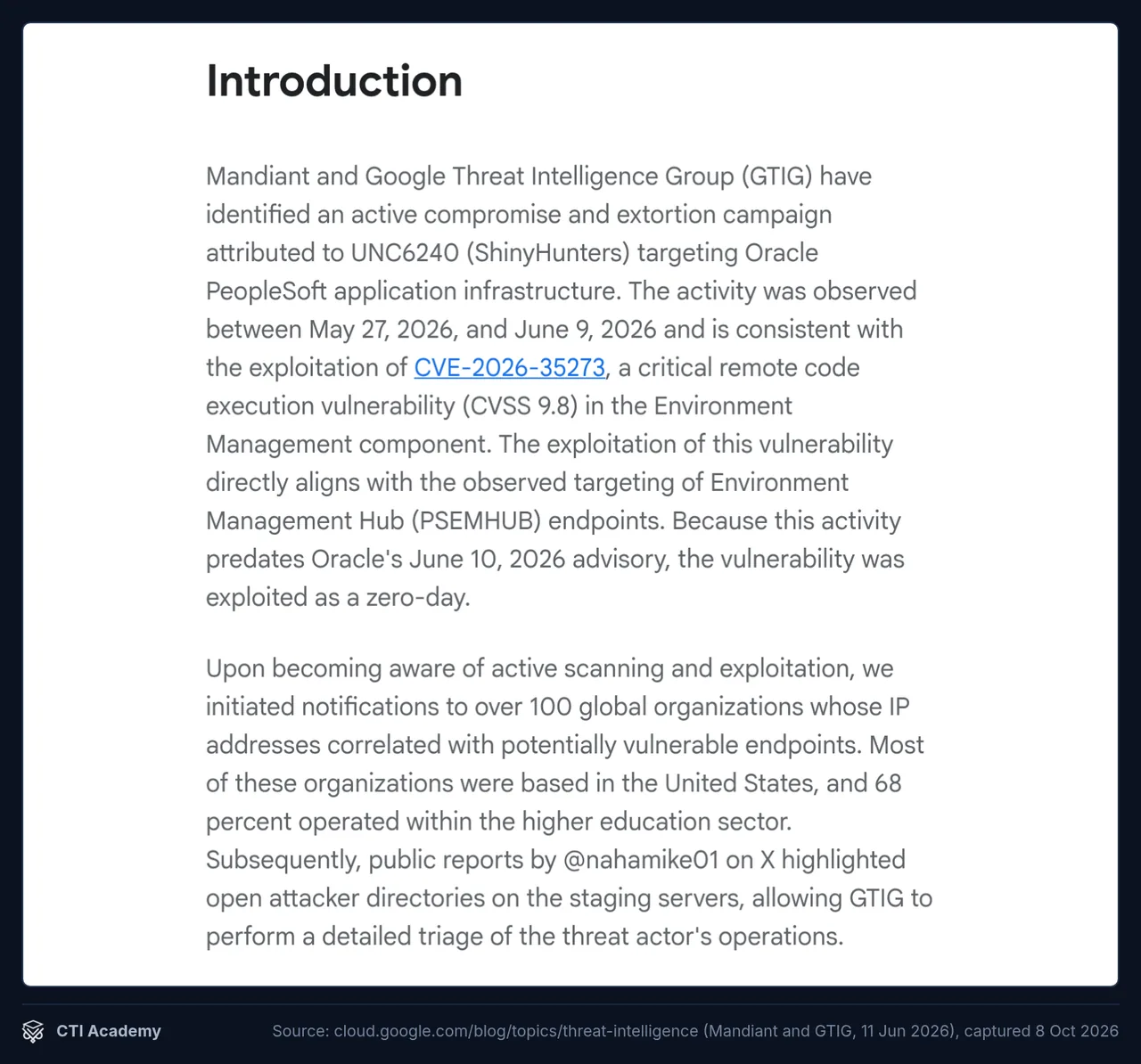 Mandiant and GTIG blog text attributing the Oracle PeopleSoft CVE-2026-35273 zero-day campaign to UNC6240 (ShinyHunters)