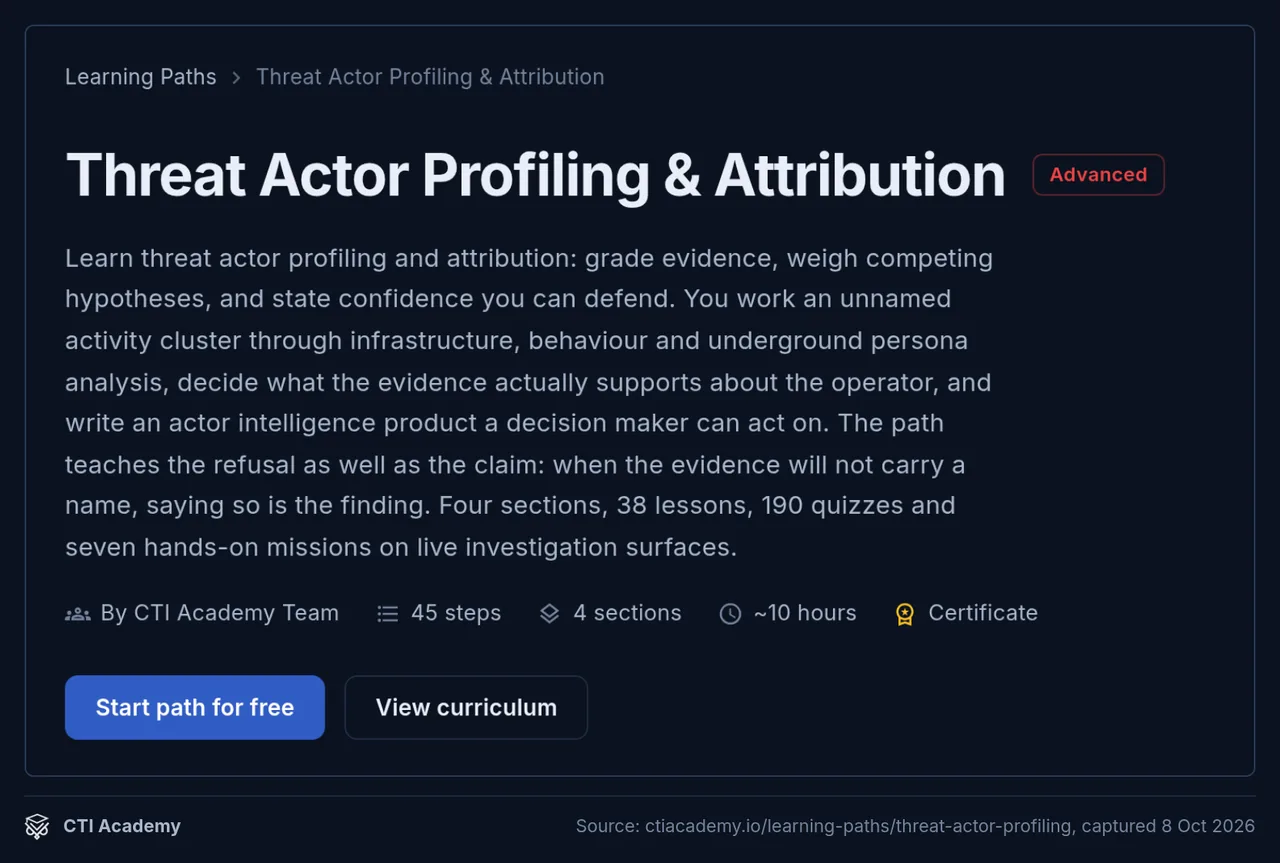 CTI Academy Threat Actor Profiling and Attribution learning path page with sections, lessons and missions