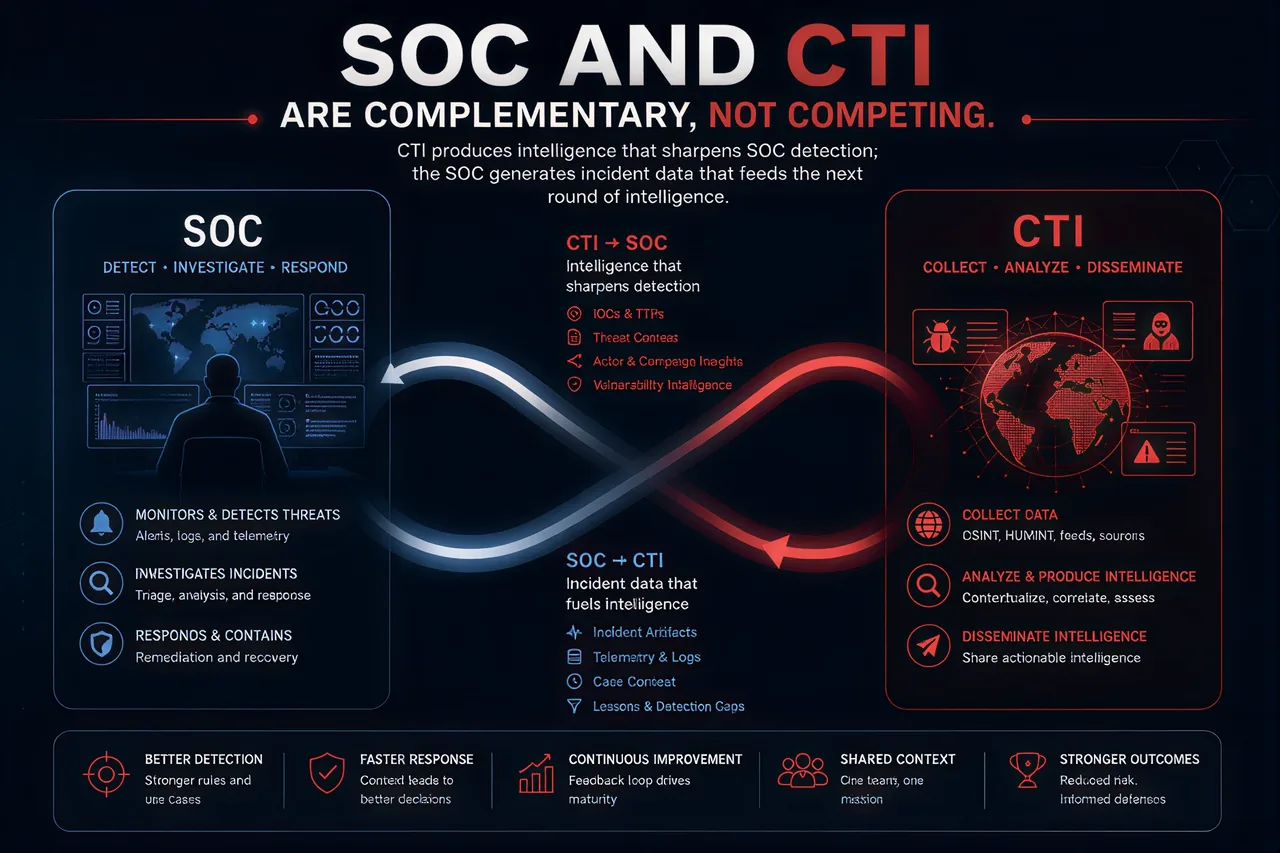 SOC and CTI shown as a continuous loop: CTI feeds intelligence to the SOC, the SOC feeds incident data back to CTI