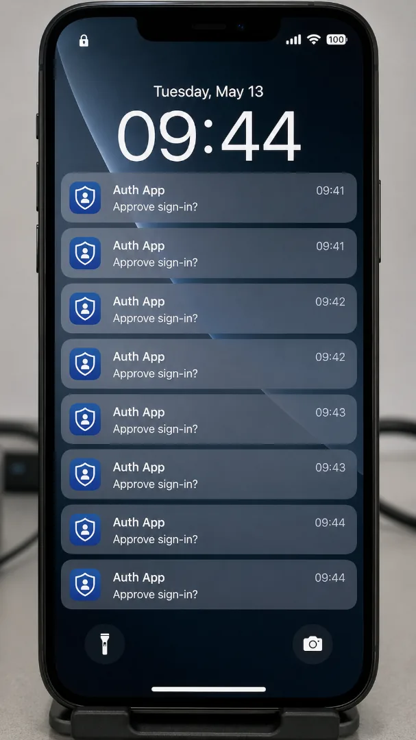 Phone showing a stack of repeated MFA push approval prompts, the pattern behind MFA fatigue attacks