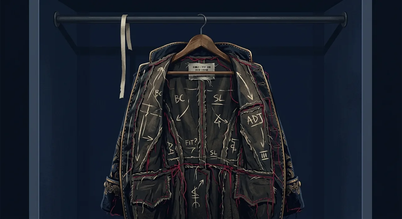 A theatrical costume on a rail seen from behind, showing lining, raw seams, chalk marks and hanging tape