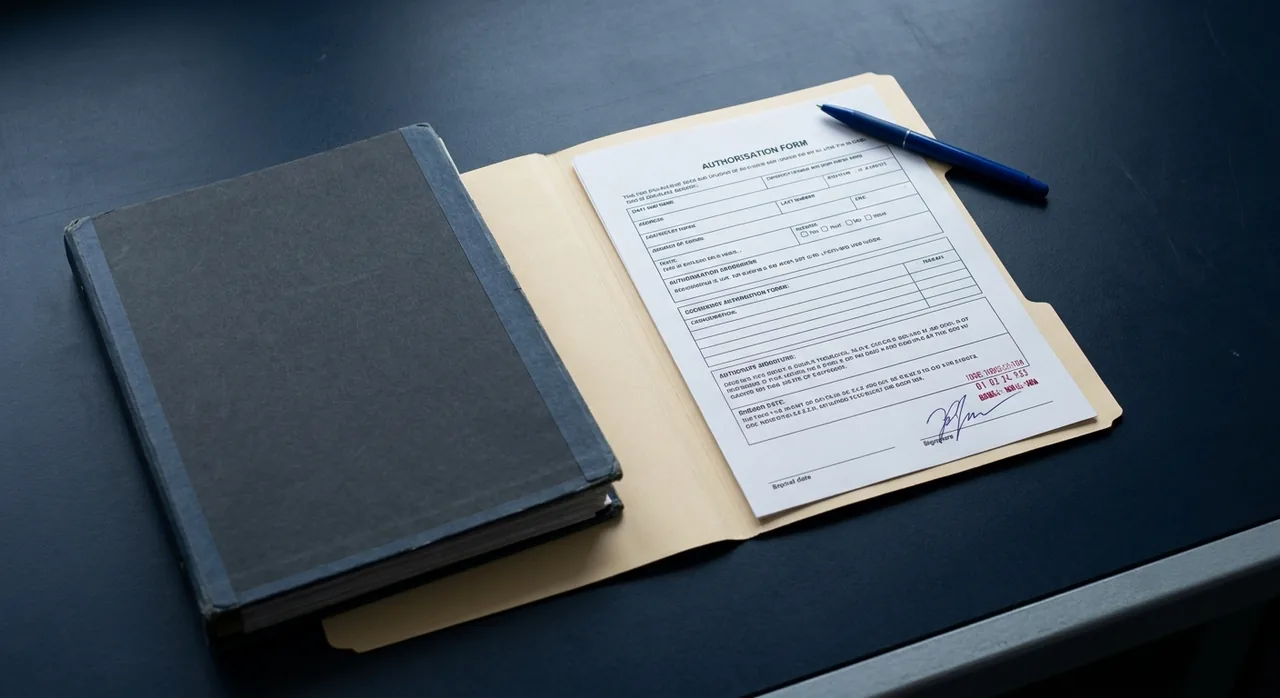 A printed authorisation form open in a card folder on a desk, carrying a wet ink signature and a date stamp