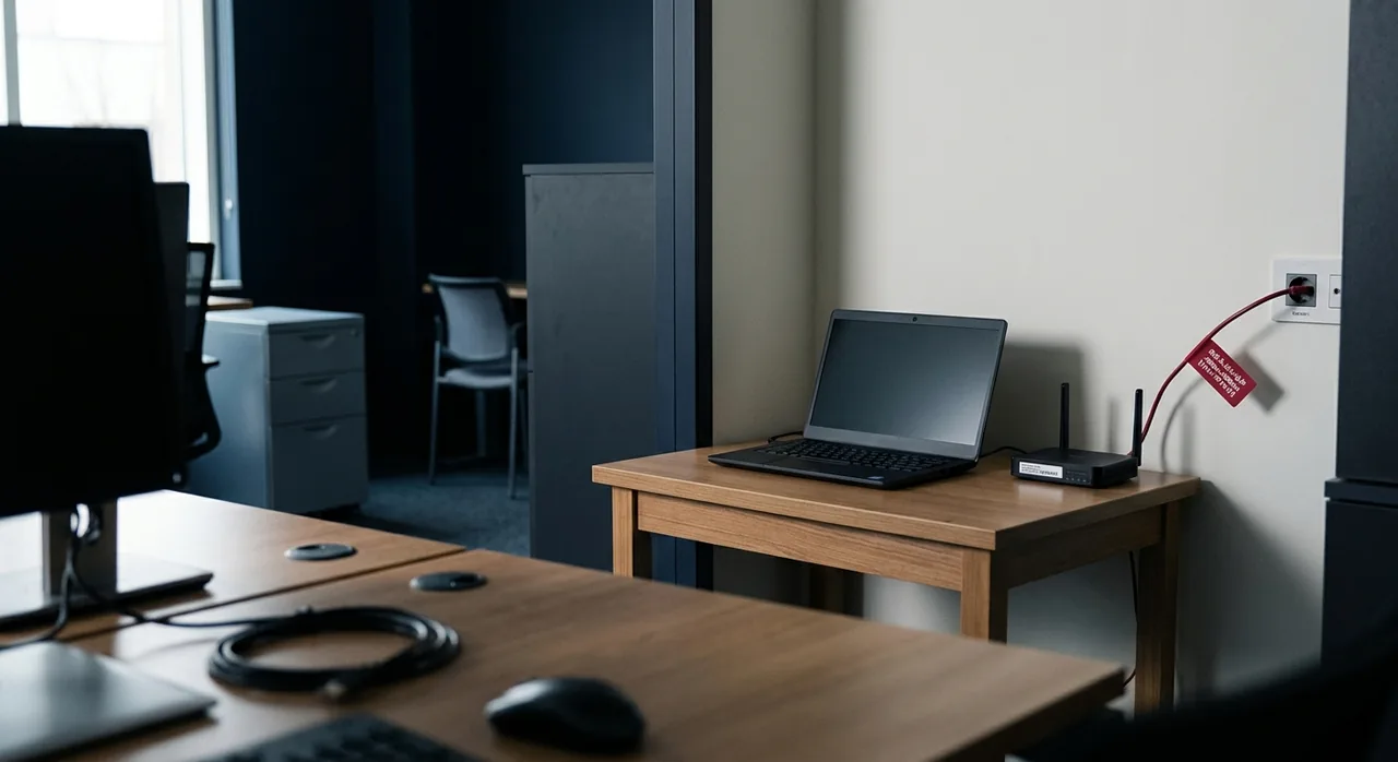 A dedicated corner workstation with one closed laptop, its own small router and a single labelled cable to the wall