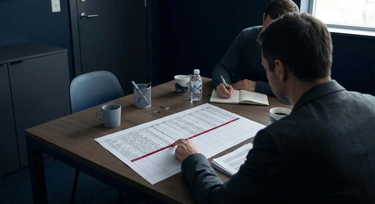 Two people at a table comparing a printed activity log against a second stapled document, one tracing a line by hand