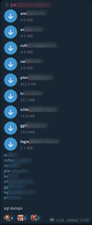 Telegram channel distributing leaked databases as downloadable archives labeled sql dumps