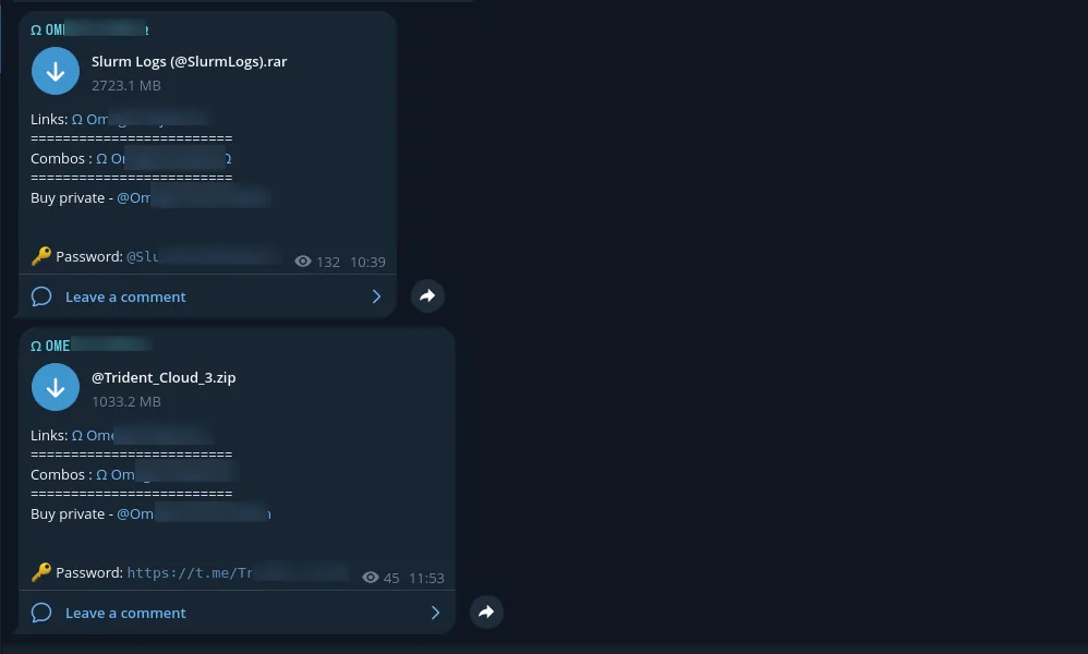 Telegram stealer log and combolist channel with password-protected multi-gigabyte archives