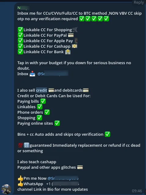 Telegram carding vendor advertisement selling stolen credit cards, CVVs, and fullz