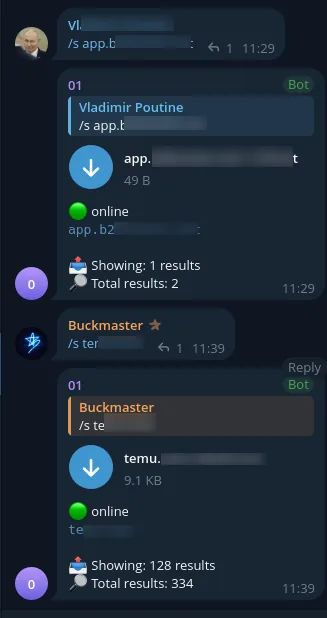 Telegram searchable stealer-log bot returning credential record counts for a queried domain