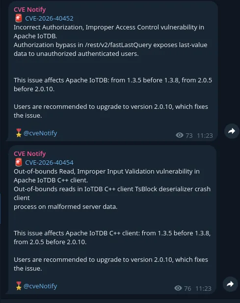 Telegram CVE notification channel broadcasting newly disclosed vulnerabilities