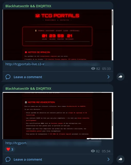 Telegram extortion leak channel showing a victim countdown timer and public ransom notice