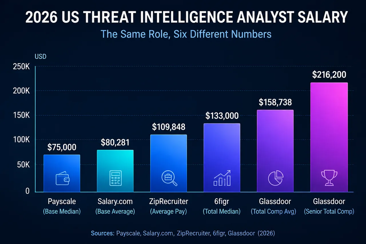 Bar chart of six 2026 US salary figures for the same threat intelligence analyst role, ranging from $75,000 to $216,000