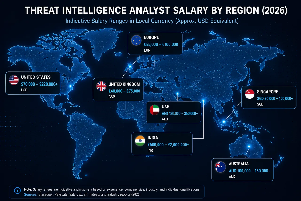 World map comparing 2026 threat intelligence analyst salary ranges by country, from the United States and Singapore to India and the UAE