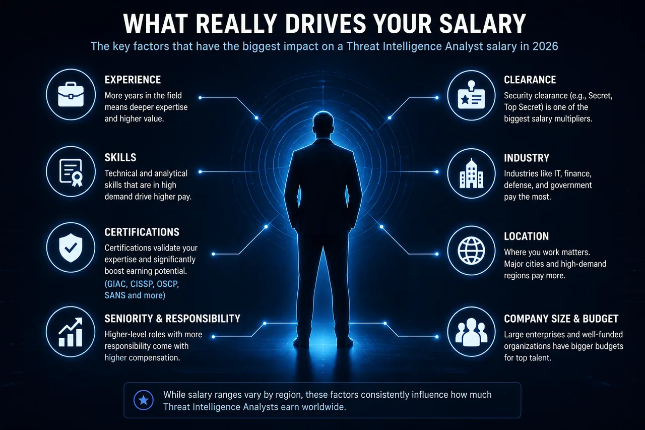 Diagram of the factors that most influence a threat intelligence analyst's salary: seniority, sector, security clearance, certifications, location, and job title